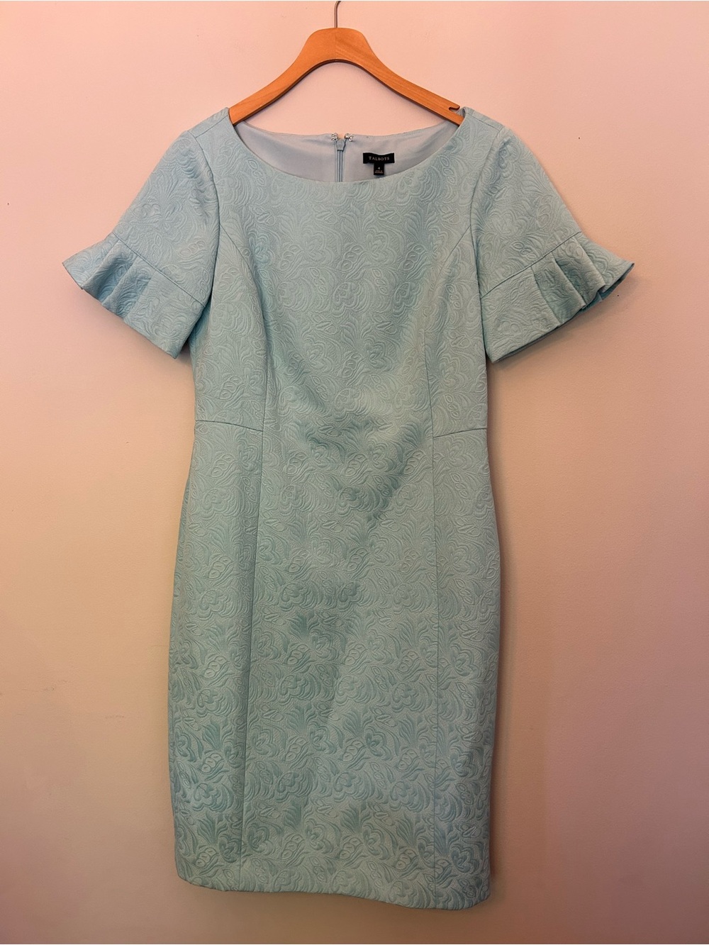 Talbots Light Blue Embossed Sheath Dress with Ruffle Sleeves